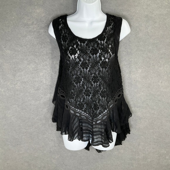 Free People Tops - Free People Top Sz M Black‎ Lace Ruffle Layered Open Back Sleeveless Whimsigoth